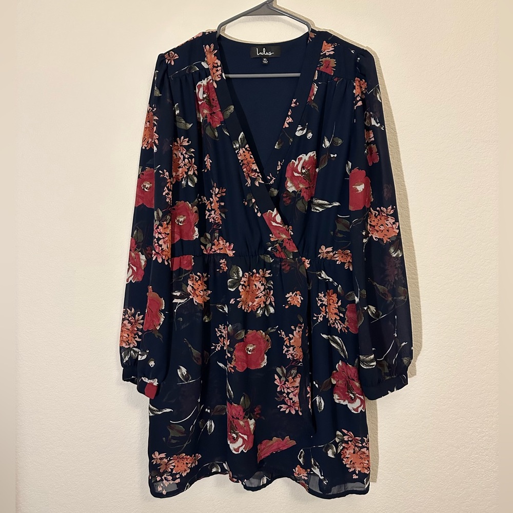 Lulus Size XL Navy Blue Floral Long-sleeve Cocktail Dress